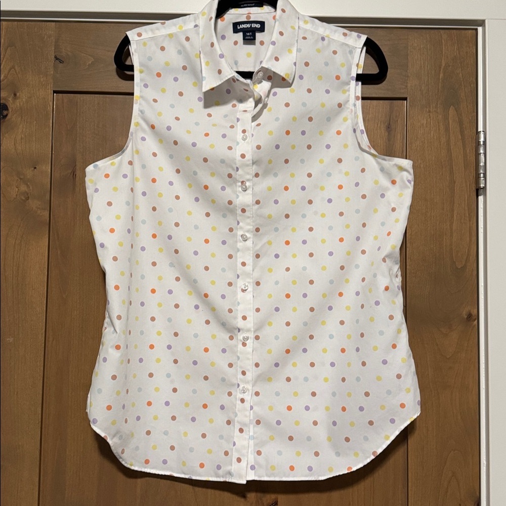 NWOT Lands' End Sleeveless Polka Dot button down Blouse Top Womens 16T pastels